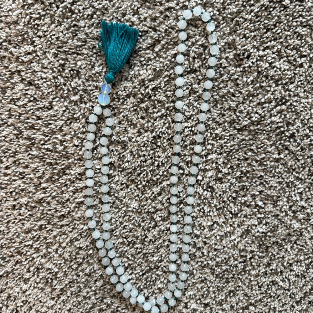 Elegant White Beaded Mala Necklace with Teal Tassel
